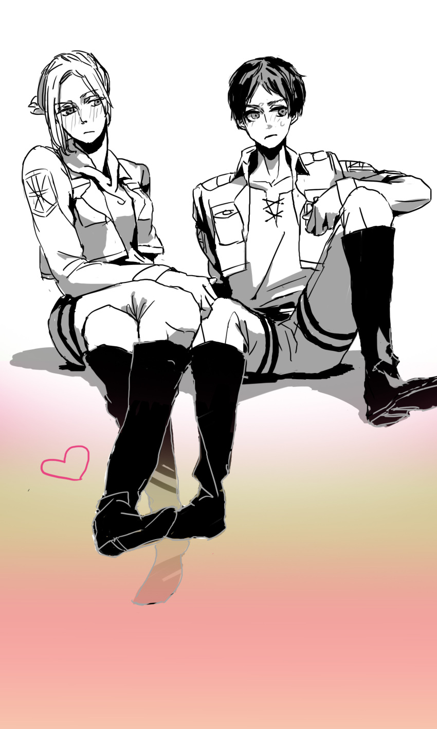 1boy 1girl absurdres annie_leonhardt black_footwear blush boots couple eren_yeager highres lineart military military_uniform nervous netora shingeki_no_kyojin shy simple_background sweatdrop uniform