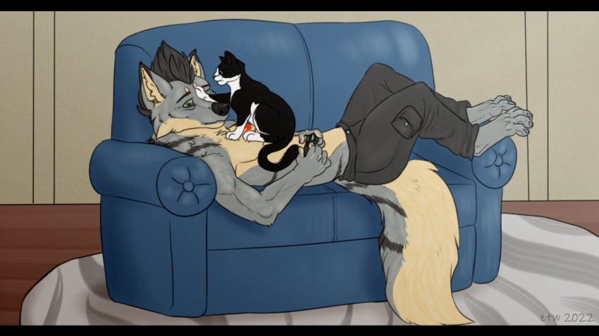 16:9 anthro black_bars canid canine domestic_cat duo family felid feline felis feral freindship furniture letterbox male mammal pat sketch sofa widescreen zhekathewolf ztw2022