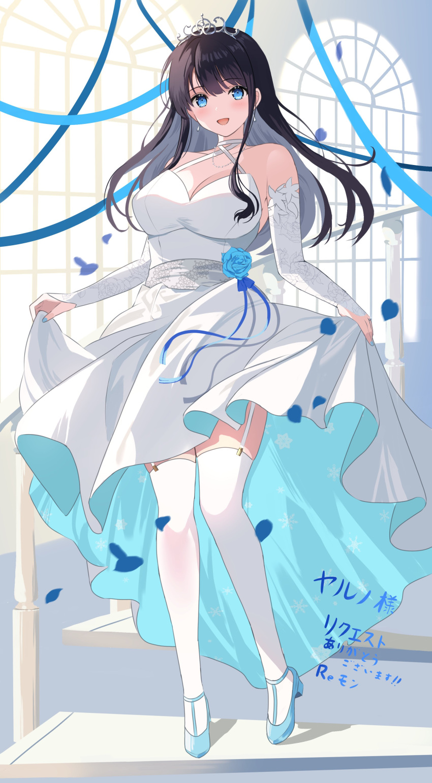 1girl :d absurdres bangs black_hair bridal_legwear detached_sleeves dress falling_petals garter_straps gown gown_lift highres long_hair looking_at_viewer open_mouth original petals rererere_mon smile solo stairs streamers thighhighs thighs tiara white_dress