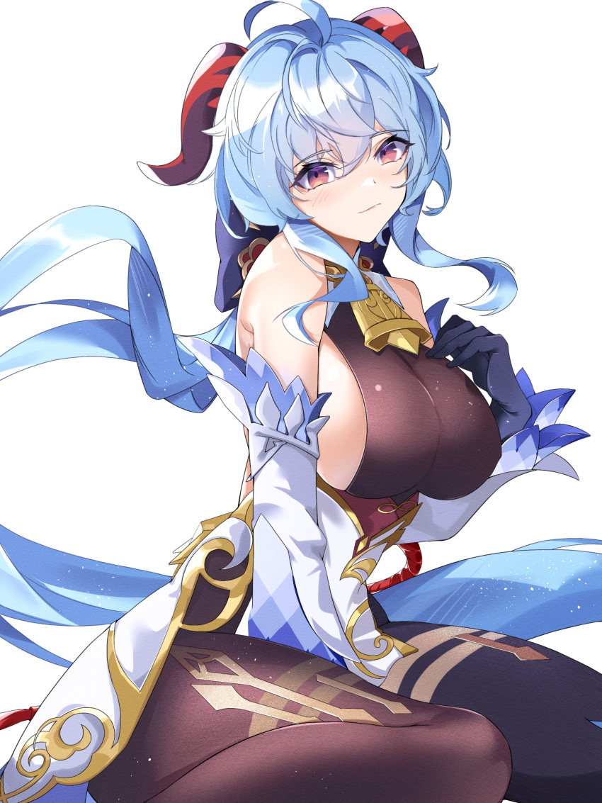 1girl absurdres ahoge bangs bare_shoulders bell black_bodysuit blue_hair blush bodysuit breasts commentary detached_sleeves from_side ganyu_(genshin_impact) genshin_impact gloves gold_trim hair_between_eyes hand_on_own_chest hand_up head_tilt highres horns large_breasts lips long_hair long_sleeves looking_at_viewer looking_to_the_side neck_bell shiny shiny_hair sideboob sidelocks simple_background sitting smile solo wariza white_background yoshitoki_(kisshin)