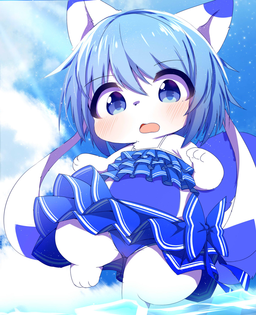 anthro barefoot blue_clothing blue_eyes blue_hair blue_swimwear blush chibi clothed clothing feet female fur hair hi_res kemono looking_at_viewer mammal ne_(nefuraito336) one-piece_swimsuit open_mouth outside short_hair solo standing swimwear water white_body white_fur young