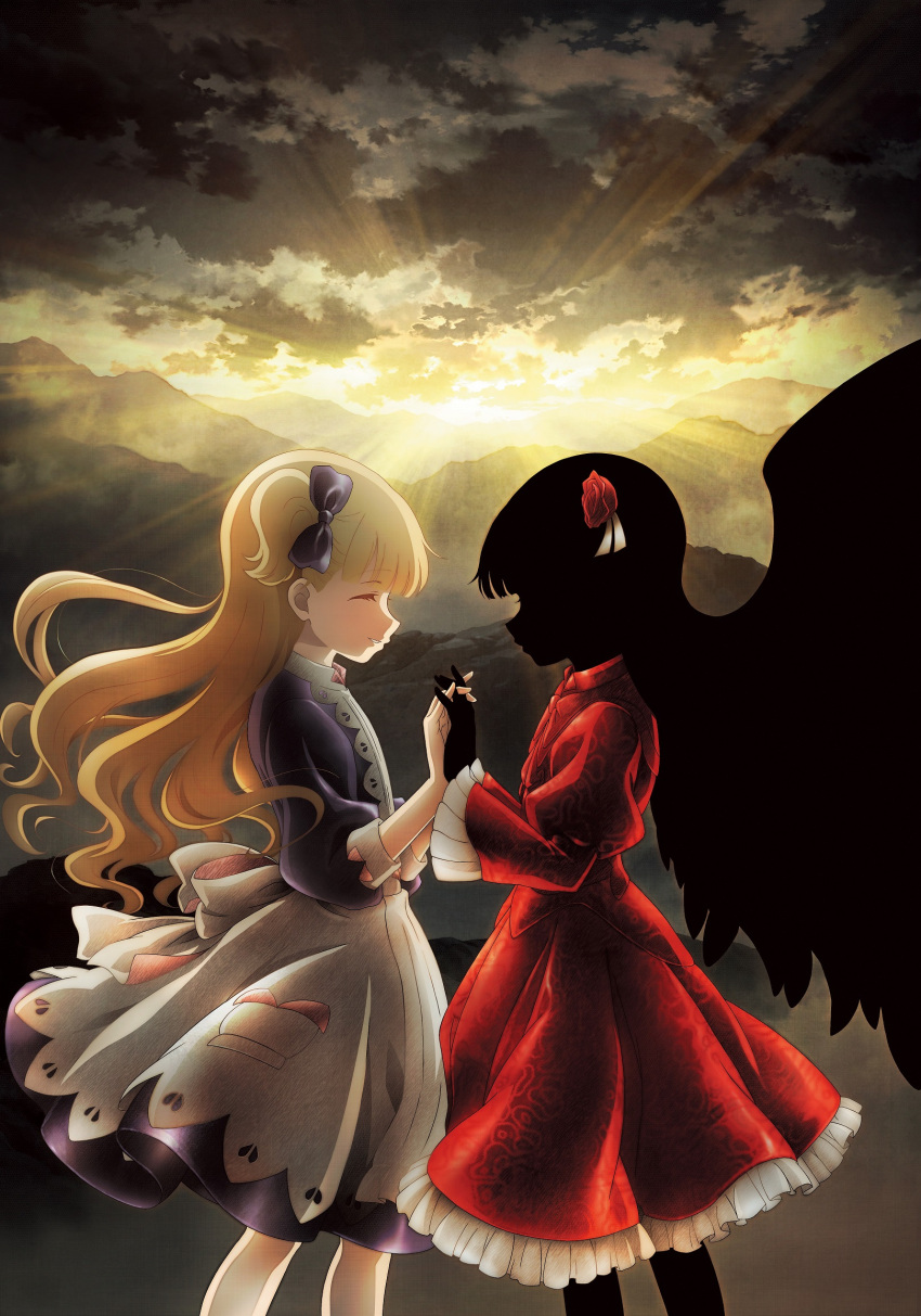 2girls apron bangs black_hair black_skin black_wings blonde_hair blu-ray_cover blue_bow blue_dress blue_eyes blunt_bangs bow cloud cloudy_sky cloverworks colored_skin cover dress emilico_(shadows_house) flower hair_bow hair_flower hair_ornament highres holding_hands kate_(shadows_house) long_hair long_sleeves multiple_girls official_art profile red_dress red_flower red_rose rose shadow_(shadows_house) shadows_house sky smile sunlight two_side_up white_apron wings