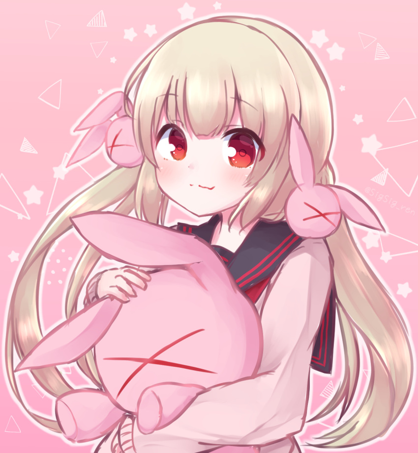 &gt;_&lt; 1girl bangs black_sailor_collar closed_mouth hair_ornament highres light_brown_hair long_hair long_sleeves looking_at_viewer low_twintails natori_sana object_hug outline pink_background pink_sweater rabbit_hair_ornament red_eyes rensei sailor_collar sana_channel sleeves_past_wrists smile solo star_(symbol) stuffed_animal stuffed_bunny stuffed_toy sweater twintails upper_body very_long_hair virtual_youtuber white_outline