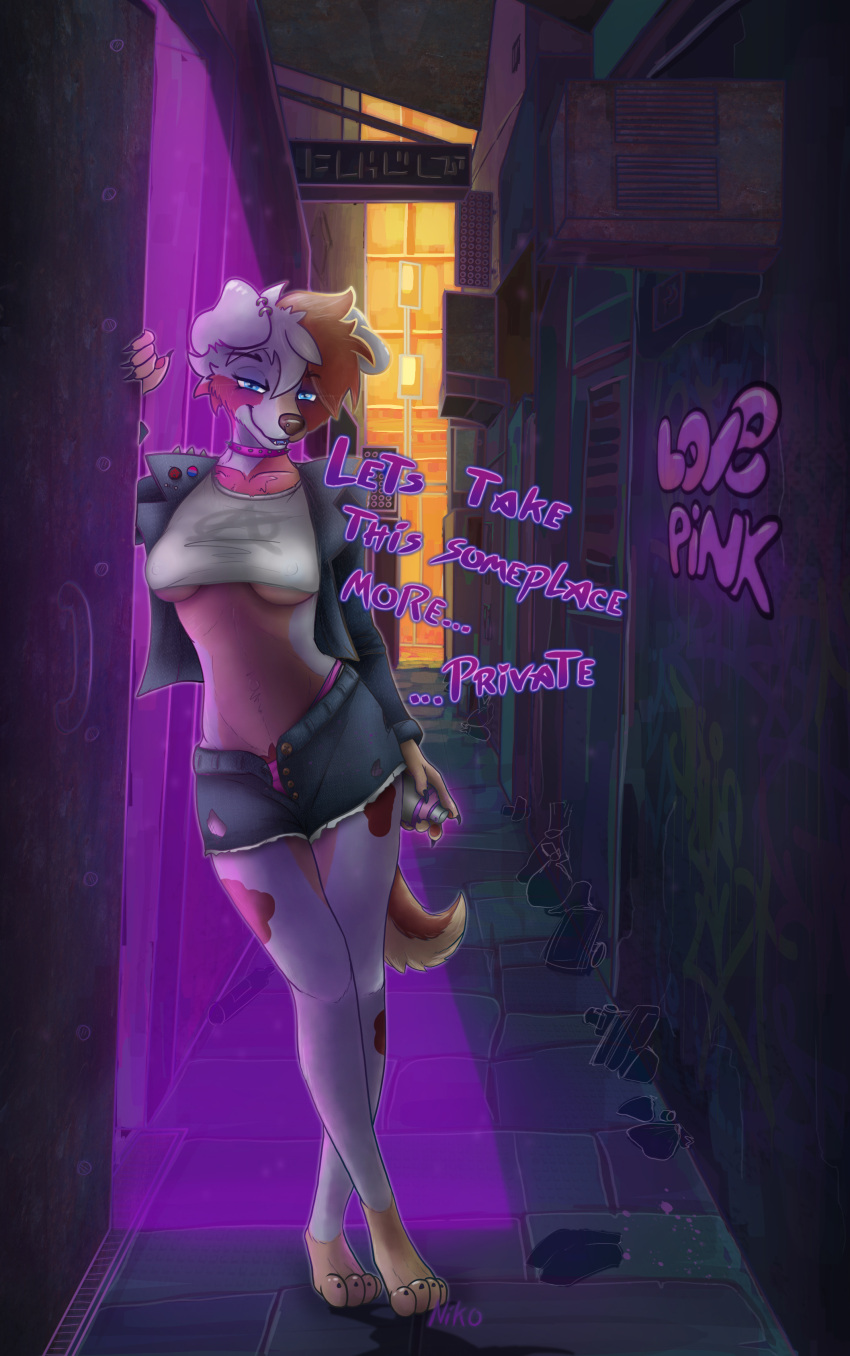 absurd_res alley anarchy_symbol anthro breasts canid canine canis clothing crossed_legs domestic_dog doorway female hi_res jesterpi_(artist) looking_at_viewer mammal nikokoipanda paint panties punk smile smirk solo spray_can spray_paint text trash underwear undone_belt