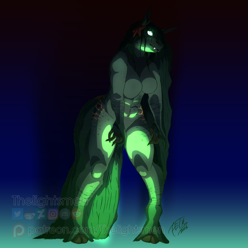 1:1 abs animal_humanoid anthro athletic bodily_fluids cel_shading commissioned drooling equid equid_humanoid equine equine_humanoid fangs female glowing glowing_eyes gradient_background green_body hair hi_res hooves horse horse_humanoid humanoid light_from_below long_hair mammal mammal_humanoid messy_hair nude pony saliva shaded simple_background slim solo thelightsmen zombie_walk