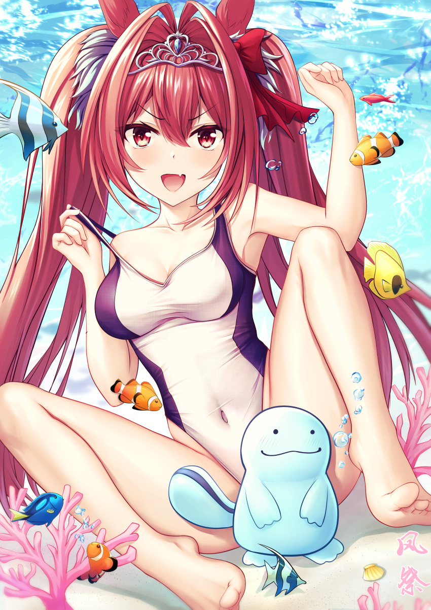 :d absurdres animal_ears barefoot blush breasts brown_eyes brown_hair bubble clownfish competition_swimsuit coral covered_navel daiwa_scarlet_(umamusume) fang hair_intakes highres horse_ears horse_girl kazamatsuri_honatsu long_hair looking_at_viewer medium_breasts navel one-piece_swimsuit open_mouth quagsire skin_fang smile spread_legs strap_pull swimsuit thighs tiara toes tropical_fish twintails umamusume underwater v-shaped_eyebrows very_long_hair