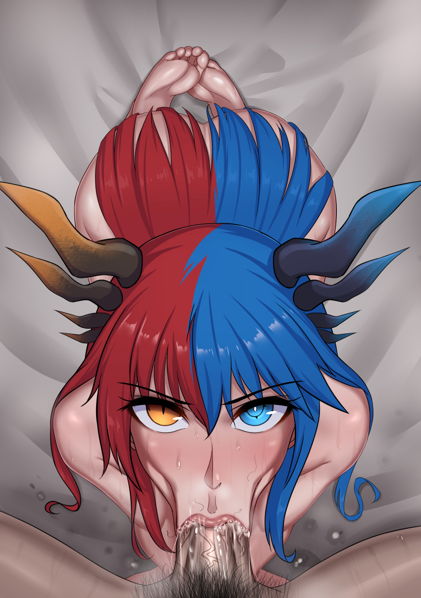 1boy 1girl :&gt;= absurdres ass bangs bed bed_sheet blue_eyes blue_hair blue_horns blush breasts bright_pupils commission completely_nude dragon_girl dragon_horns excessive_saliva eyes_visible_through_hair feet fellatio hair_between_eyes hair_in_mouth hetero heterochromia highres horns inferna_dragnis kneeling lips long_hair looking_at_another looking_at_viewer male_pubic_hair monster_girl multicolored_hair nude open_mouth oral orange_eyes orange_horns original pale_skin penis pubic_hair red_hair rikka_(artist) saliva saliva_drip saliva_trail shiny shiny_skin soles split-color_hair sweat symbol-shaped_pupils toes two-tone_hair uncensored white_pupils