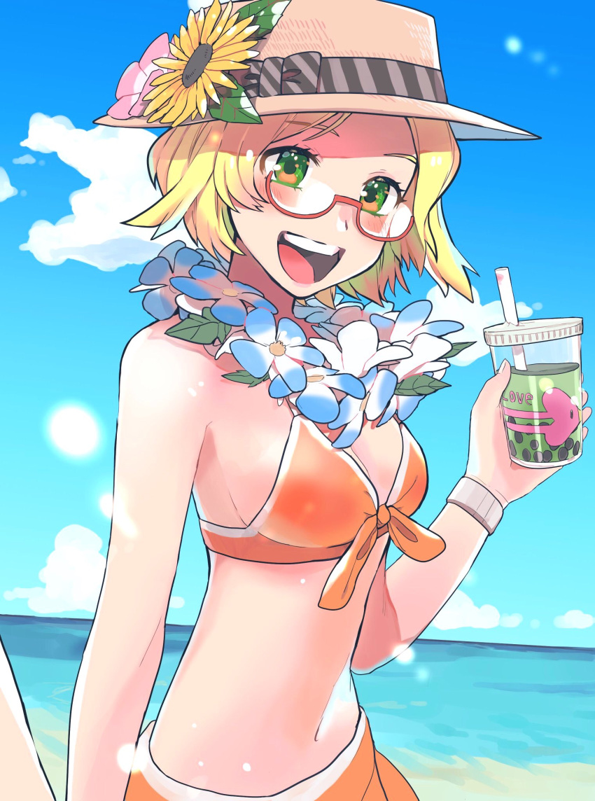 1girl alternate_costume beach bianca_(pokemon) blonde_hair blue_sky blush breasts cloud cup disposable_cup flower flower_necklace glasses green_eyes hat highres holding_hands lei looking_at_viewer luvdisc nashubi_(to_infinity_wow) navel open_mouth pokemon pokemon_(game) pokemon_bw2 sand sarong sky smile wristband