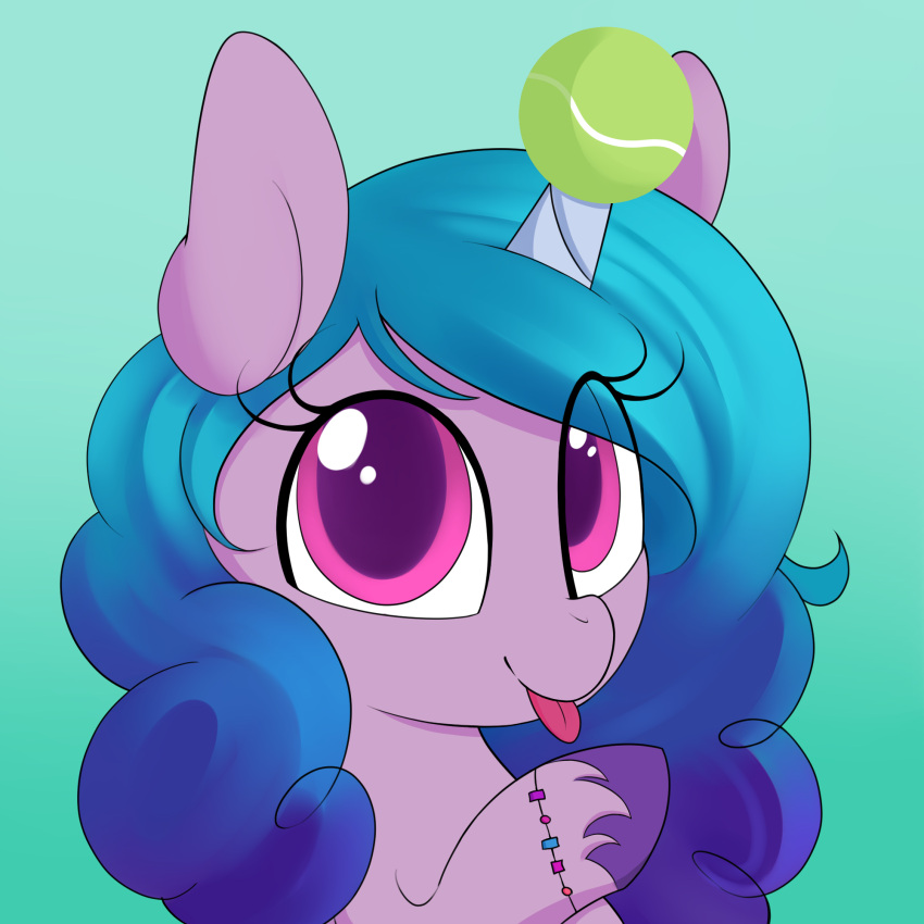 ball blue_hair bracelet digital_media_(artwork) equid equine female feral green_background hair hasbro hi_res hooves horn illusion_(artist) izzy_moonbow_(mlp) jewelry looking_at_viewer mammal mlp_g5 my_little_pony portrait purple_body purple_eyes purple_hooves simple_background smile solo tennis_ball tongue tongue_out unicorn unicorn_horn