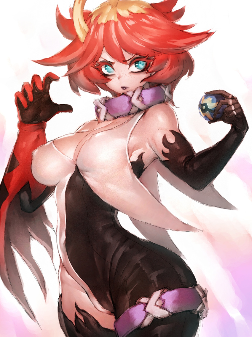 1girl asymmetrical_gloves bangs bare_shoulders black_gloves black_leotard black_nails black_pants blonde_hair breasts closed_mouth collar collarbone elbow_gloves fingerless_gloves freckles fumio_(rsqkr) gloves green_eyes hair_between_eyes hand_on_hip highres holding holding_poke_ball jewelry large_breasts leotard looking_at_viewer medium_breasts mela_(pokemon) mismatched_gloves multicolored_hair multicolored_nails nail_polish pants poke_ball pokemon pokemon_(game) pokemon_sv purple_belt purple_collar red_gloves red_hair red_nails redesign ring shiny shiny_hair simple_background small_breasts solo standing stylistic team_star two-tone_hair two-tone_nails white_background