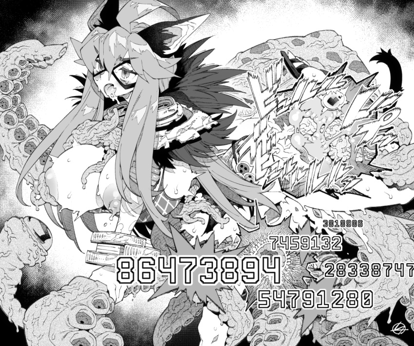 1girl ahoge alternate_breast_size animal_ears bajou_takurou bangle bangs blush bracelet breasts cat_ears cat_girl cat_tail commentary_request commission cross-section cum cum_in_pussy damage_numbers detached_sleeves eye_mask fang feet_out_of_frame fertilization fur_collar goinkyo greyscale hair_between_eyes huge_breasts impregnation jewelry long_hair monochrome monster nipples open_mouth ovum ragnarok_online sidelocks skeb_commission skin_fang sorcerer_(ragnarok_online) sperm_cell tail tentacle_sex tentacles uterus very_long_hair