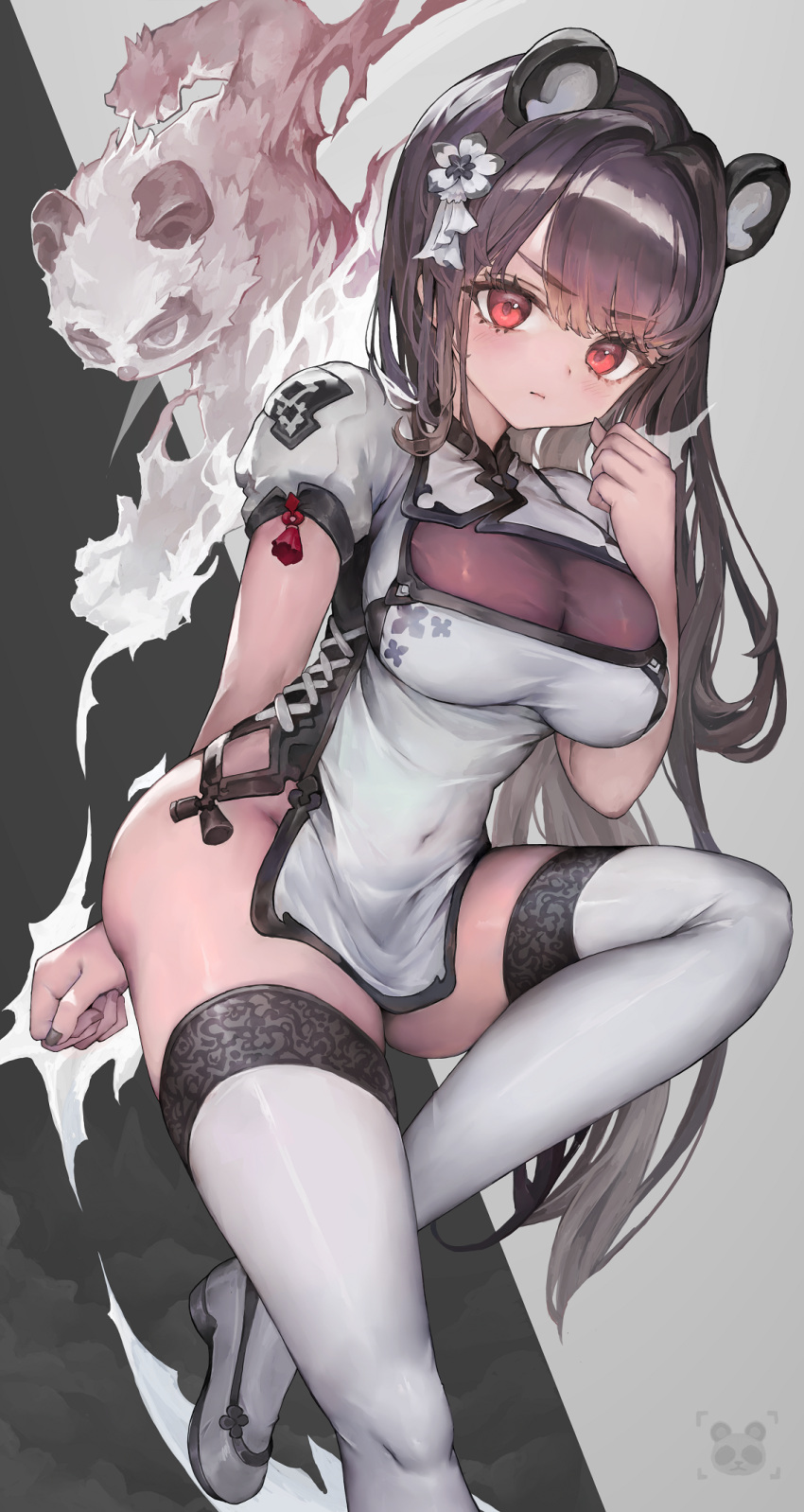 1girl animal_ears bangs black_background blush breasts brown_hair china_dress chinese_clothes cleavage closed_mouth covered_navel dress grey_background hair_ornament highres large_breasts long_hair looking_at_viewer original panda_ears panda_girl red_eyes shiny shiny_hair shoes short_sleeves solo thighhighs thighs two-tone_background voruvoru white_dress white_footwear white_thighhighs