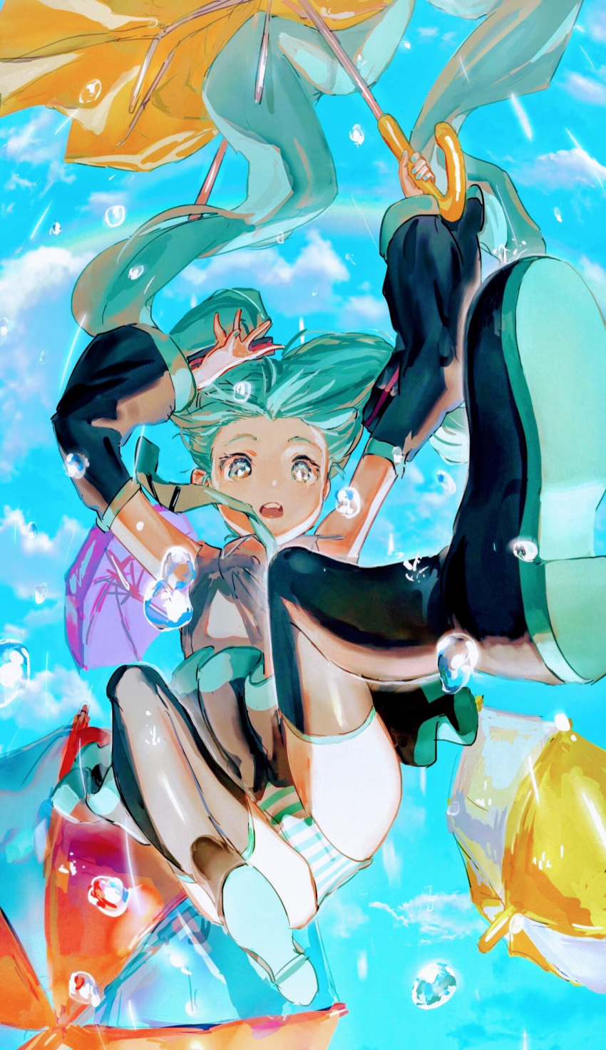 1girl aqua_eyes aqua_hair aqua_necktie bare_shoulders black_footwear black_skirt black_sleeves boots detached_sleeves falling full_body grey_shirt hatsune_miku highres holding holding_umbrella long_hair looking_at_viewer mochi_mochi_island necktie open_mouth panties pantyshot pleated_skirt rain shirt skirt sleeveless sleeveless_shirt solo striped striped_panties teeth thigh_boots twintails umbrella underwear upper_teeth upskirt very_long_hair vocaloid water_drop wide-eyed