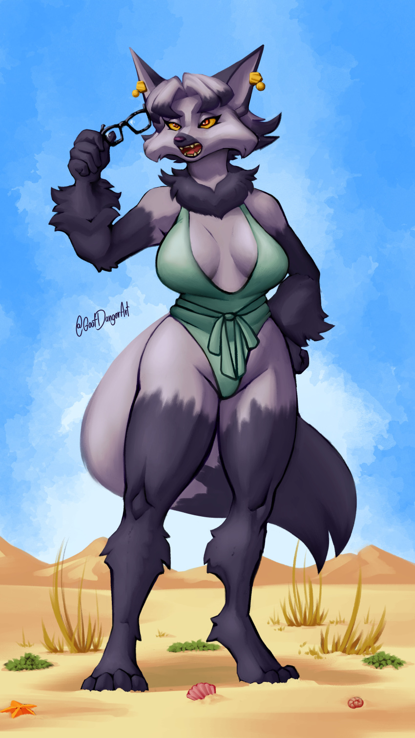 2022 absurd_res anthro beach big_breasts black_body black_fur breasts canid canine clothing d-ser digital_drawing_(artwork) digital_media_(artwork) ear_piercing ear_ring eyewear female fluffy_arms fox fox_girl fur glasses grey_body grey_fur hi_res mammal mature_female neck_tuft one-piece_swimsuit piercing red_fox ring_piercing seaside silver_fox solo swimwear tasha_(d-ser) thick_thighs tuft yellow_eyes