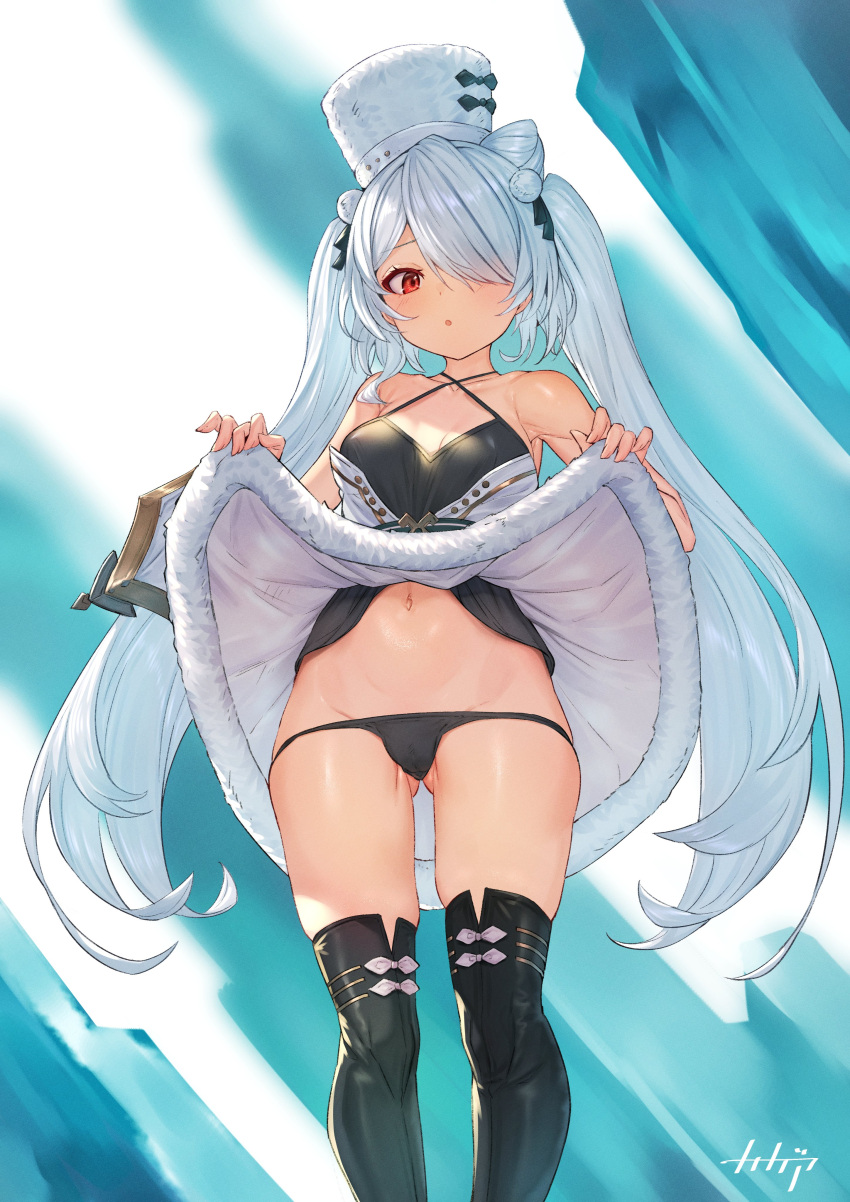 1girl :o absurdres armpits arpeggio_kaga ass_visible_through_thighs azur_lane bare_shoulders black_footwear black_panties black_shirt black_thighhighs boots breasts coat_dress collarbone cone_hair_bun criss-cross_halter crotch_seam dress fur_hat hair_bun hair_ornament hair_over_one_eye halterneck hat highres kiev_(azur_lane) long_hair looking_at_viewer lowleg lowleg_panties navel panties papakha parted_lips red_eyes shirt skindentation sleeveless sleeveless_dress sleeveless_shirt small_breasts solo spaghetti_strap stomach thigh_boots thighhighs thighs twintails undershirt underwear very_long_hair white_dress white_hair white_headwear