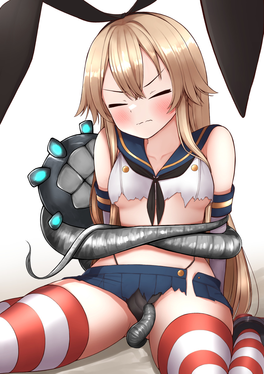 1girl absurdres abyssal_ship black_neckerchief black_panties blonde_hair blue_sailor_collar blue_skirt blush closed_eyes closed_mouth collarbone crop_top enemy_naval_mine_(kancolle) hair_between_eyes highleg highleg_panties highres kantai_collection long_hair miniskirt navel neckerchief panties pleated_skirt rudder_footwear sailor_collar school_uniform serafuku shimakaze_(kancolle) skirt sleeveless solo striped striped_thighhighs tentacles thighhighs tiemu_(man190) torn_clothes torn_skirt underwear