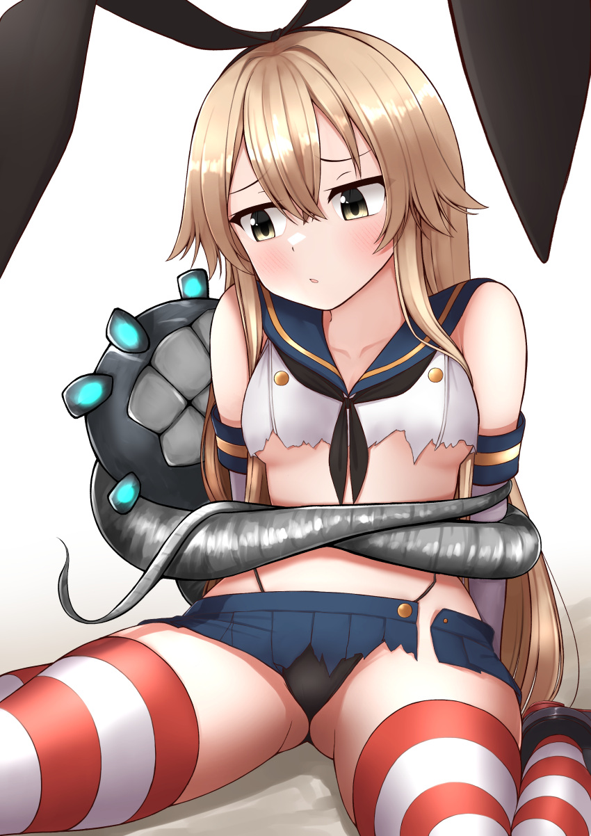 1girl absurdres abyssal_ship black_neckerchief black_panties blonde_hair blue_sailor_collar blue_skirt blush collarbone crop_top enemy_naval_mine_(kancolle) hair_between_eyes highleg highleg_panties highres kantai_collection long_hair miniskirt navel neckerchief panties parted_lips pleated_skirt rudder_footwear sailor_collar school_uniform serafuku shimakaze_(kancolle) skirt sleeveless solo striped striped_thighhighs tentacles thighhighs tiemu_(man190) torn_clothes torn_skirt underwear yellow_eyes