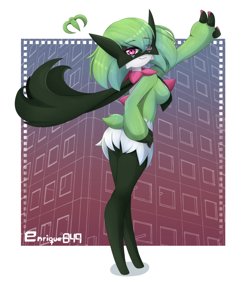 1girl :3 absurdres animal_hands arm_up artist_name ass bangs black_fur body_fur border breasts closed_mouth colored_skin commentary english_commentary enrique849 eyes_visible_through_hair from_behind full_body furry furry_female fusion gardevoir gradient gradient_background green_fur green_hair hair_over_one_eye hand_on_hip happy highres looking_at_viewer looking_back mask medium_breasts medium_hair meowscarada multicolored_fur outside_border pokemon pokemon_(creature) red_eyes shiny shiny_hair smile solo standing tail watermark white_border white_fur white_skin