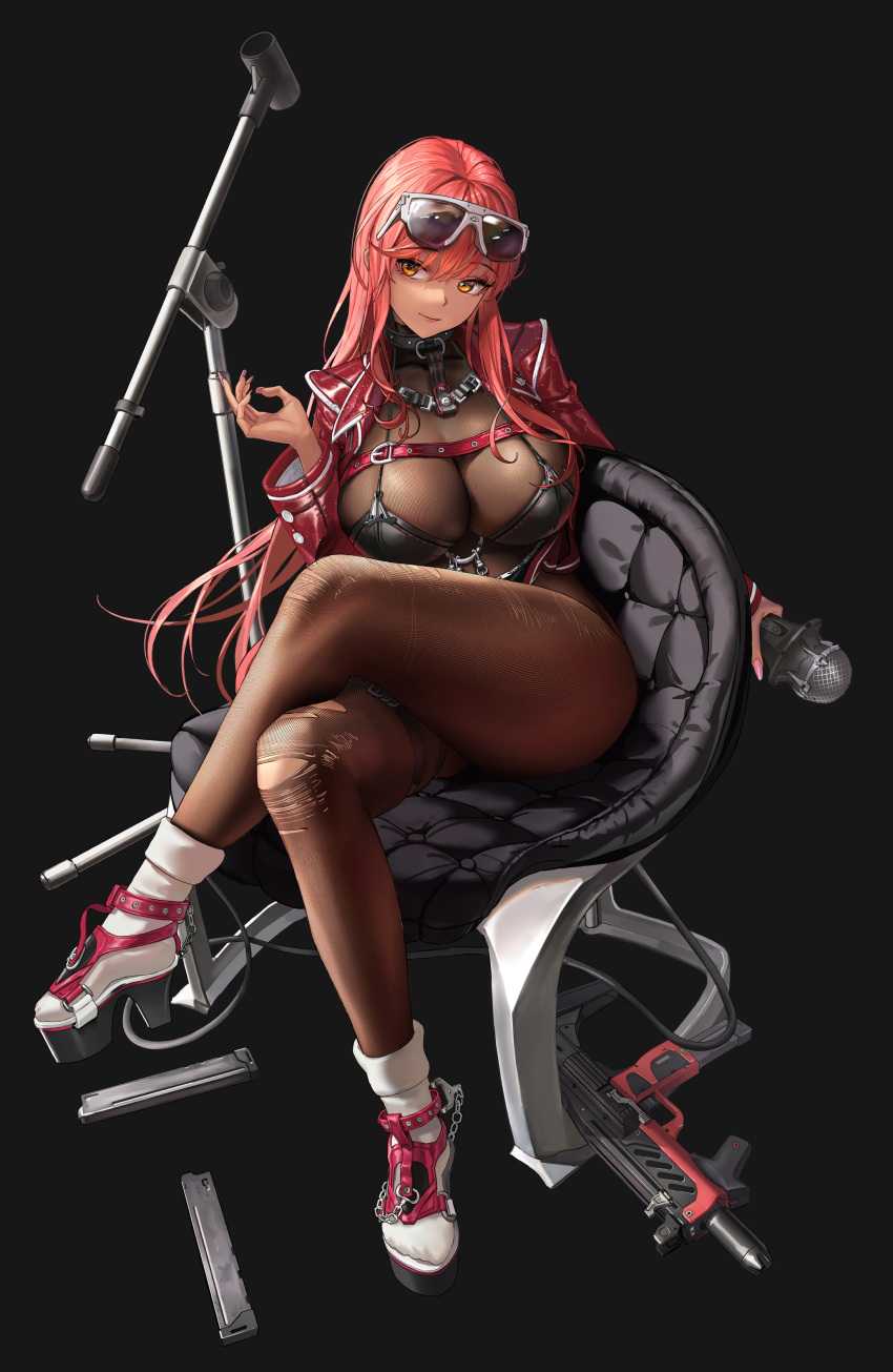 1girl absurdres bangs belt black_background bodysuit breasts brown_bodysuit bypos chair cleavage closed_mouth crossed_legs eyewear_on_head full_body goddess_of_victory:_nikke gun hair_between_eyes high_heels highres holding holding_microphone jacket large_breasts legs long_hair microphone microphone_stand nail_polish official_art open_clothes open_jacket orange_eyes pink_nails red_hair red_jacket simple_background sitting socks solo sunglasses thighs torn_bodysuit torn_clothes volume_(nikke) weapon white_socks