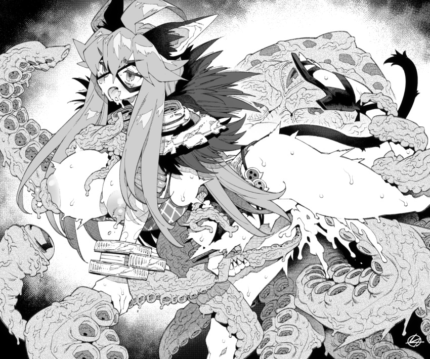 1girl ahoge alternate_breast_size animal_ears bajou_takurou bangle bangs blush bracelet breasts cat_ears cat_girl cat_tail commentary_request commission detached_sleeves eye_mask fang feet_out_of_frame fur_collar goinkyo greyscale hair_between_eyes huge_breasts jewelry long_hair monochrome monster nipples open_mouth ragnarok_online sidelocks skeb_commission skin_fang sorcerer_(ragnarok_online) tail tentacle_sex tentacles very_long_hair