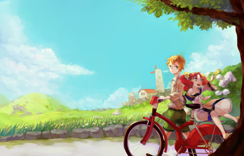 1boy 1girl bicycle blonde_hair blue_sky clain_(fractale) day dress flower fractale grass green_shorts ground_vehicle hair_flower hair_ornament hill moyuvvx nessa_(fractale) outdoors red_hair rock sandals scenery short_hair shorts sky tree twintails walking windmill