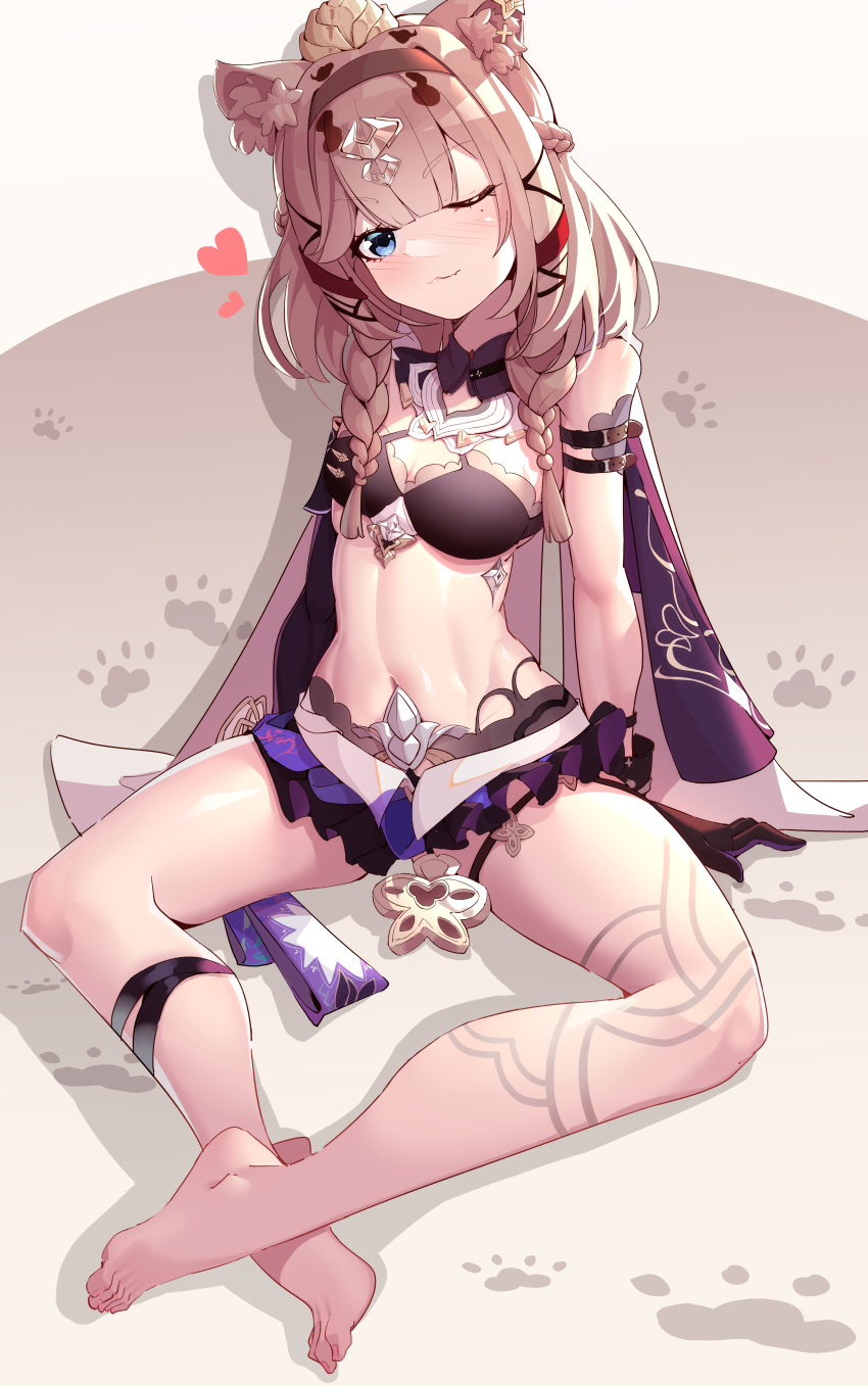 1girl absurdres animal_ears arm_support armlet bangs barefoot blue_eyes blunt_bangs braid breasts brown_hair cape cat_ears cat_girl cleavage commentary_request detached_sleeves full_body hairband headpiece heart heart-shaped_pupils highres honkai_(series) honkai_impact_3rd indian_style leg_tattoo long_hair looking_at_viewer navel pardofelis_(honkai_impact) paw_print qiuyueruona sidelocks simple_background sitting sleeveless smile solo stomach symbol-shaped_pupils tattoo thighlet twin_braids