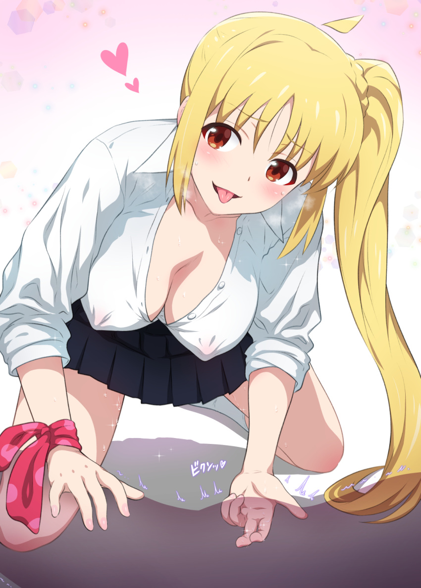 2girls bangs blonde_hair blue_skirt blush bocchi_the_rock! bow breasts brown_eyes cleavage collared_shirt covered_nipples highres ijichi_nijika joy_ride kneeling large_breasts long_hair looking_at_viewer multiple_girls open_mouth pleated_skirt red_bow school_uniform shirt side_ponytail sidelocks simple_background skirt steam tongue tongue_out transparent white_shirt