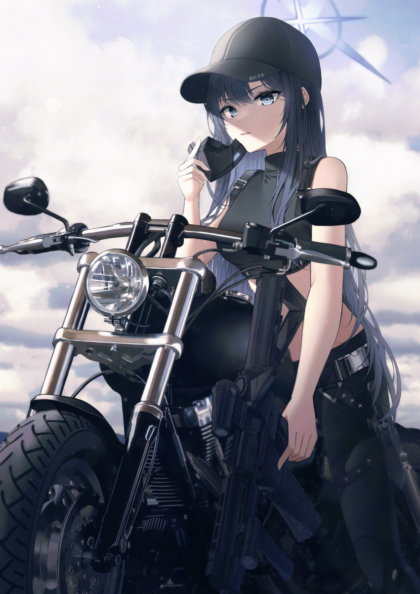 1girl absurdres assault_rifle baseball_cap black_mask black_pants black_shirt blue_archive chest_harness crop_top ground_vehicle gun halo harness hat highres holding holding_weapon knife_holster long_hair looking_at_viewer mask motor_vehicle motorcycle mouth_mask no_mask pants popcat rifle saori_(blue_archive) shirt sig_516 sig_sauer solo weapon