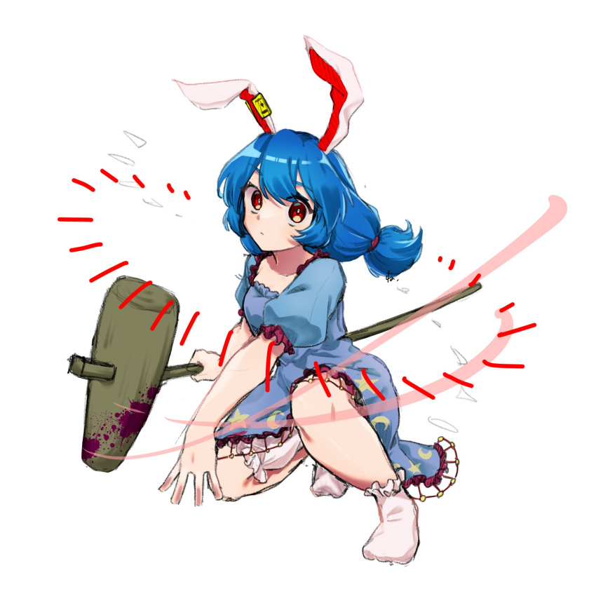 1girl animal_ears blue_dress blue_hair closed_mouth dress earclip full_body highres kine komori_(komo_ricecake) looking_at_viewer low_twintails mallet medium_hair rabbit_ears red_eyes seiran_(touhou) short_sleeves simple_background socks solo touhou twintails white_background white_socks