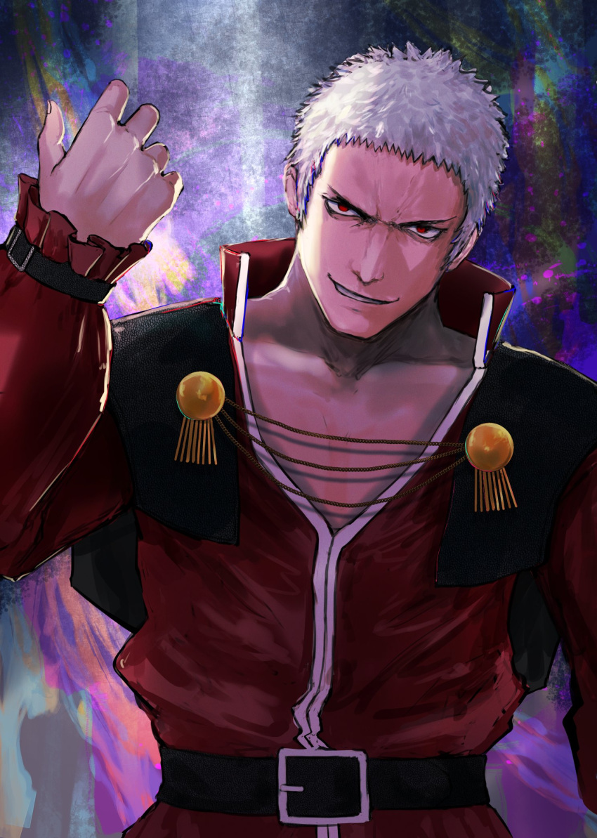 1boy arms_up belt black_belt black_capelet capelet collarbone evil_grin evil_smile grin highres looking_at_viewer multicolored_background muscular nanakase_yashiro orochi_yashiro pectoral_cleavage pectorals red_eyes short_hair smile the_king_of_fighters the_king_of_fighters_xv v-shaped_eyebrows white_hair yuu_(primenumber7)