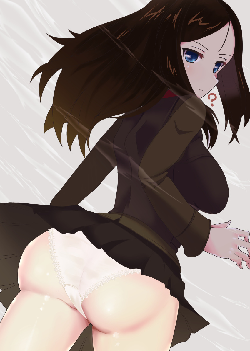 1girl ? absurdres ass bangs black_hair black_skirt black_vest blue_eyes closed_mouth commentary commission cowboy_shot crotch_seam dutch_angle from_behind girls_und_panzer green_jacket grey_sky highres jacket light_frown long_hair long_sleeves looking_at_viewer looking_back makura_ken military military_uniform miniskirt nonna_(girls_und_panzer) outdoors overcast panties pixiv_request pleated_skirt pravda_military_uniform rain red_shirt shirt skirt solo standing swept_bangs underwear uniform vest white_panties wind wind_lift
