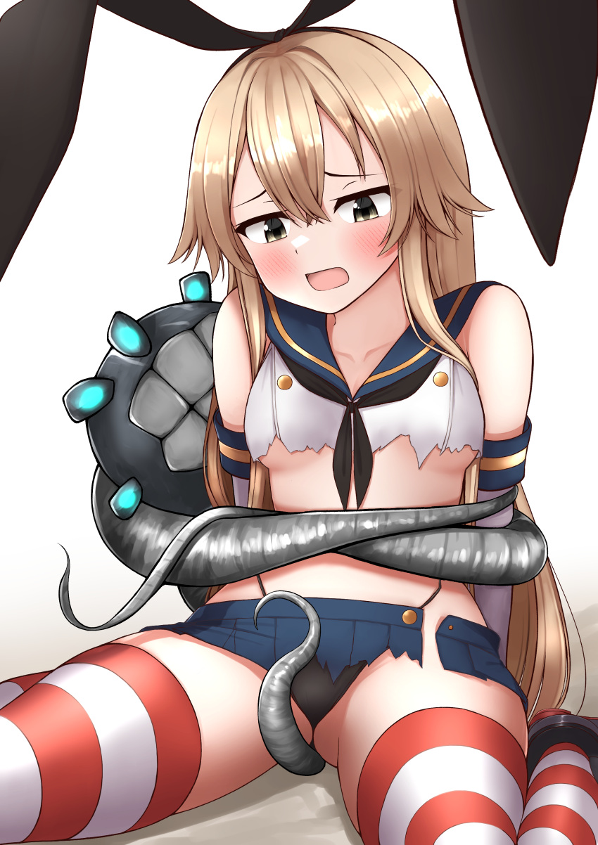 1girl absurdres abyssal_ship black_neckerchief black_panties blonde_hair blue_sailor_collar blue_skirt blush collarbone crop_top enemy_naval_mine_(kancolle) hair_between_eyes highleg highleg_panties highres kantai_collection long_hair miniskirt navel neckerchief open_mouth panties pleated_skirt rudder_footwear sailor_collar school_uniform serafuku shimakaze_(kancolle) skirt sleeveless solo striped striped_thighhighs tentacles thighhighs tiemu_(man190) torn_clothes torn_skirt underwear yellow_eyes