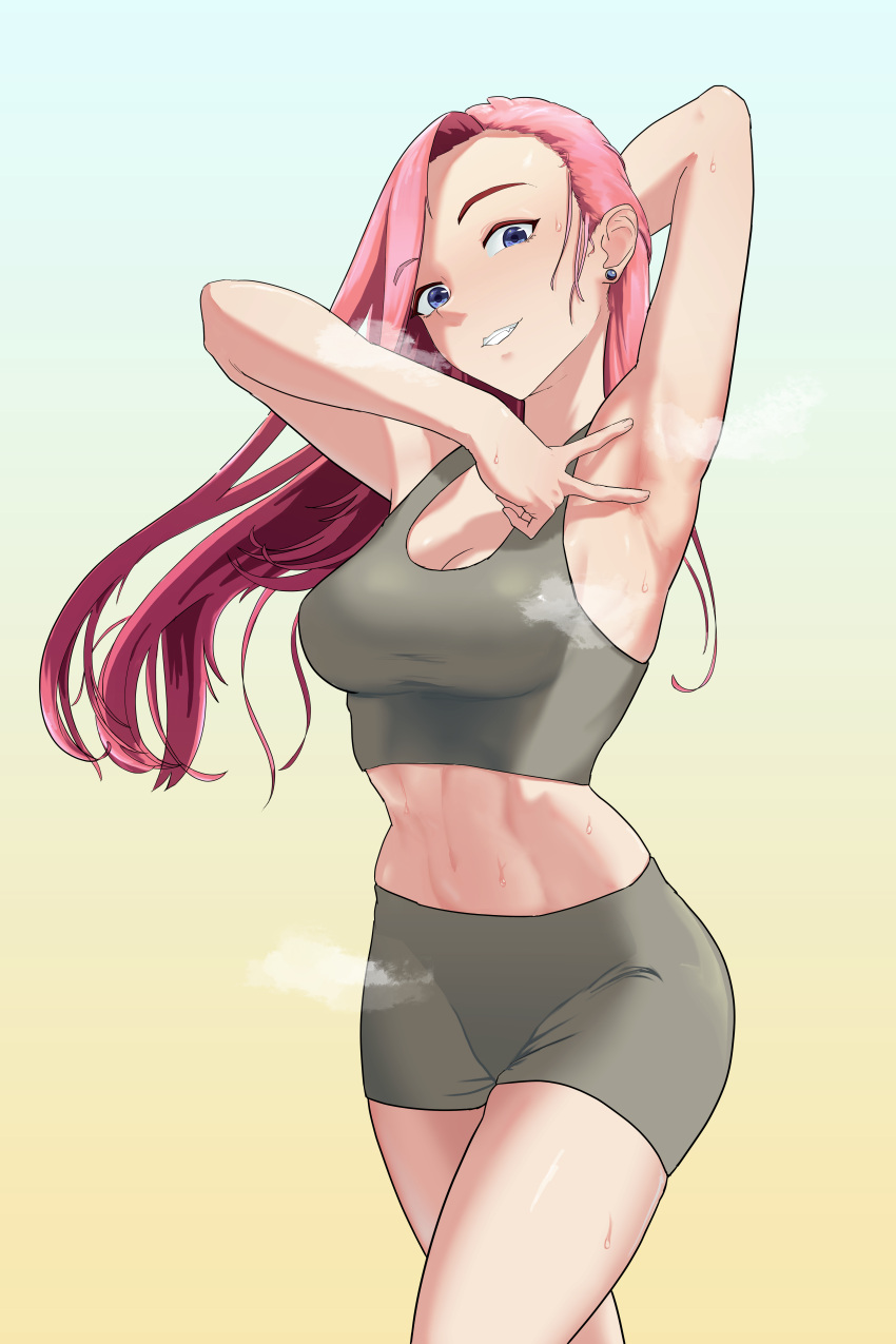 1girl absurdres armpits blue_eyes highres long_hair looking_at_viewer open_mouth original pink_hair solo sports_bra spread_armpit standing sweat user_zxjk2332 v