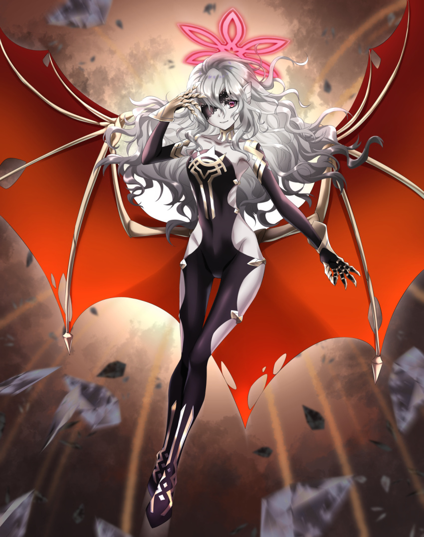 1girl animal_ears bat_wings black_gloves bodysuit claws clothing_cutout collarbone commission covered_navel debris elbow_gloves embla_(fire_emblem) eyepatch fire_emblem fire_emblem_heroes gauntlets gloves grey_hair groin highres hip_vent kakiko210 leg_cutout long_hair one_eye_covered pale_skin red_eyes rubble skeb_commission skin_tight sleeveless smile solo wings