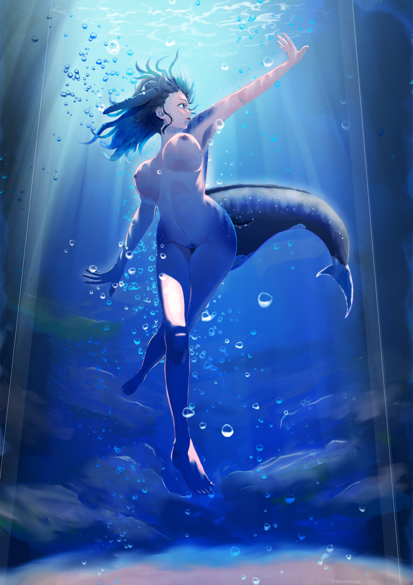 1girl absurdres aburaeoyaji air_bubble backlighting blowhole blue_eyes blue_hair blue_theme blue_whale_(kemono_friends) breasts bubble cetacean_tail completely_nude contrapposto dorsal_fin female_pubic_hair highres huge_breasts kemono_friends navel nipples nude ocean_bottom pubic_hair pussy shark solo stomach submerged swimming uncensored underwater water whale_girl