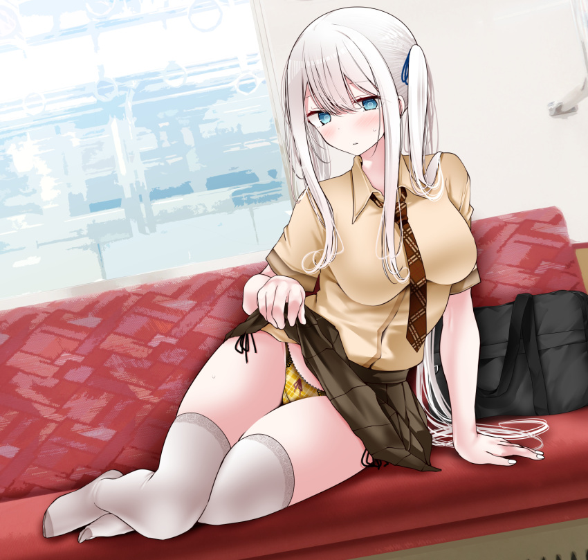 1girl arm_support bag bangs blue_eyes blue_ribbon blush breasts brown_skirt clothes_lift feet full_body grey_hair grey_thighhighs hair_ribbon highres large_breasts leaning_to_the_side legs lifted_by_self long_hair looking_at_viewer necktie no_shoes oouso original panties pleated_skirt ribbon school_bag school_uniform short_sleeves side-tie_panties side_ponytail sidelocks sitting skindentation skirt skirt_lift solo sweatdrop swept_bangs thighhighs thighs train_interior two_side_up underwear white_hair white_thighhighs yellow_panties yokozuwari