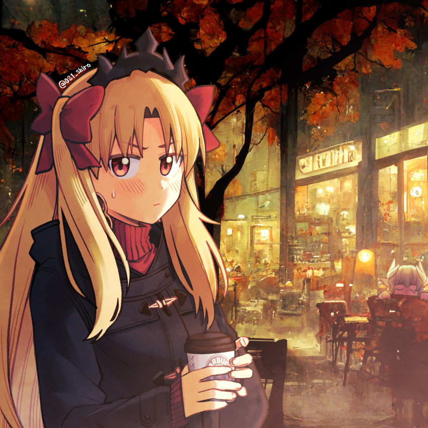 021_shiro 2girls absurdres alternate_costume bangs black_jacket blonde_hair blush bow cafe chair coffee coffee_cup commentary_request cup disposable_cup dragon_horns earrings ereshkigal_(fate) fate/grand_order fate_(series) hair_bow highres holding holding_cup horns jacket jealous jewelry kiyohime_(fate) long_hair long_sleeves looking_at_viewer multiple_girls night no_pupils parted_bangs red_bow red_eyes red_sweater sitting starbucks sweatdrop sweater table tearing_up tiara tree turtleneck turtleneck_sweater twitter_username two_side_up