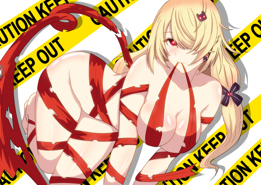 1girl 2bls bangs bare_shoulders blonde_hair breasts cleavage hair_ornament hair_over_one_eye hairclip highres keep_out long_hair looking_at_viewer medium_breasts nemesis_(tower_of_fantasy) no_bra no_panties no_pants no_shirt no_shoes red_eyes smile solo thighs tower_of_fantasy white_background