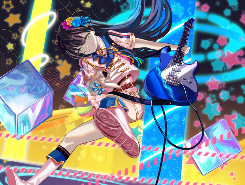 1girl absurdres arm_ribbon arms_up bang_dream! bangs belt black_background black_hair blue_background blue_bow blue_flower blue_ribbon blue_rose boots bow brown_background brown_belt buttons chain closed_mouth collared_shirt collared_vest cube electric_guitar fingernails flower gold_chain gradient gradient_background green_eyes guitar hair_between_eyes hair_bow hair_flower hair_ornament hanazono_tae hands_up highres holding holding_instrument instrument looking_at_viewer multicolored_background pink_footwear pink_shirt pink_shorts pink_vest poppin'party purple_background purple_flower purple_rose rainbow reki_(user_rcrd4534) ribbon rose shirt short_sleeves shorts sitting smile solo star_(symbol) star_hair_ornament starry_background tape vest yellow_flower yellow_rose