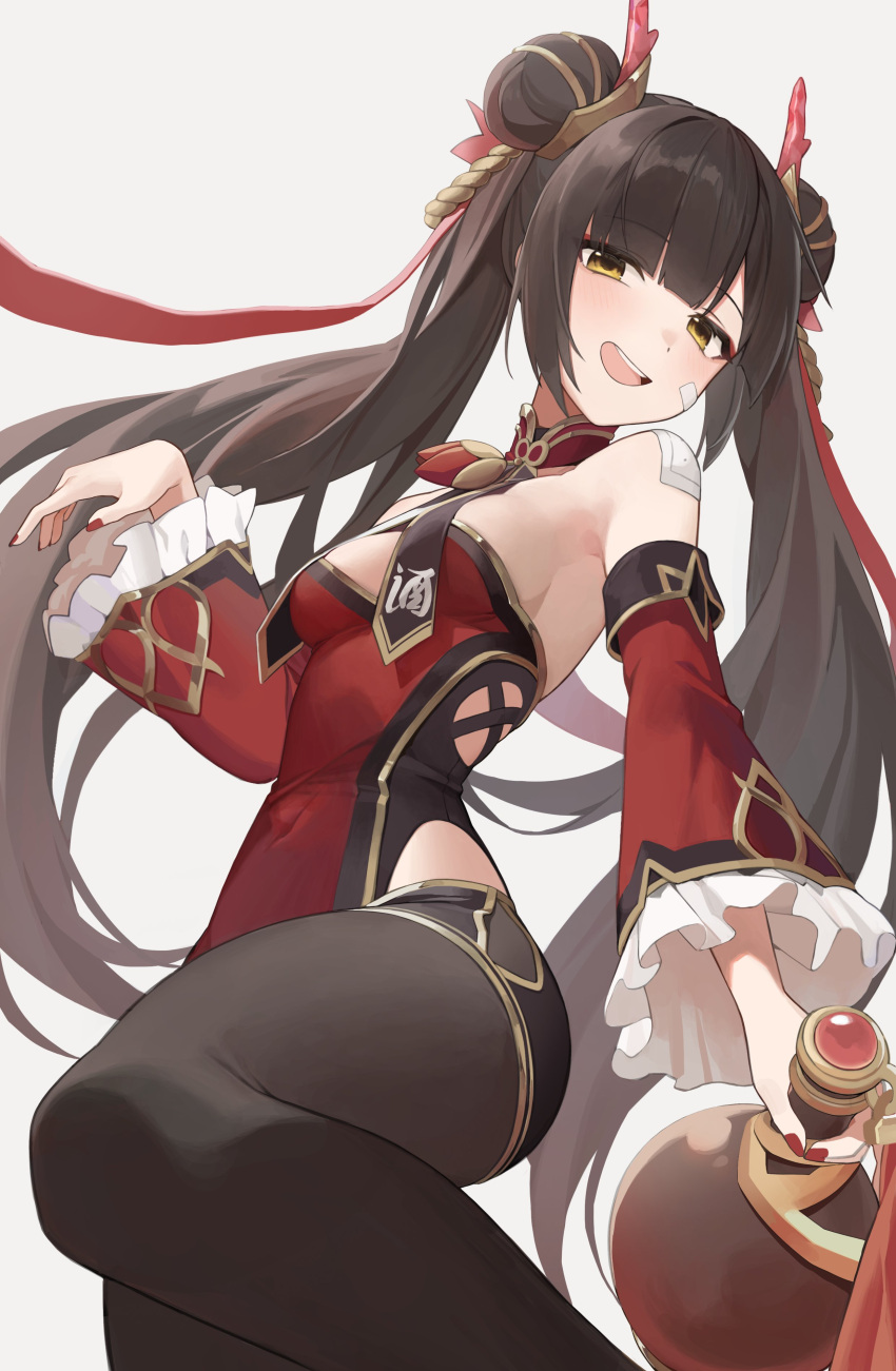1girl absurdres arm_at_side armpit_peek bandaid bangs bare_shoulders black_survival blunt_bangs breasts brown_hair brown_pantyhose detached_collar detached_sleeves double_bun hair_bun hair_ornament highleg highleg_leotard highres holding irain_(_irain_) leotard li_dailin long_hair open_mouth pantyhose potion red_leotard red_nails red_sleeves shiny shiny_hair short_hair simple_background small_breasts solo standing strapless strapless_leotard teeth twintails upper_teeth very_short_hair white_background yellow_eyes