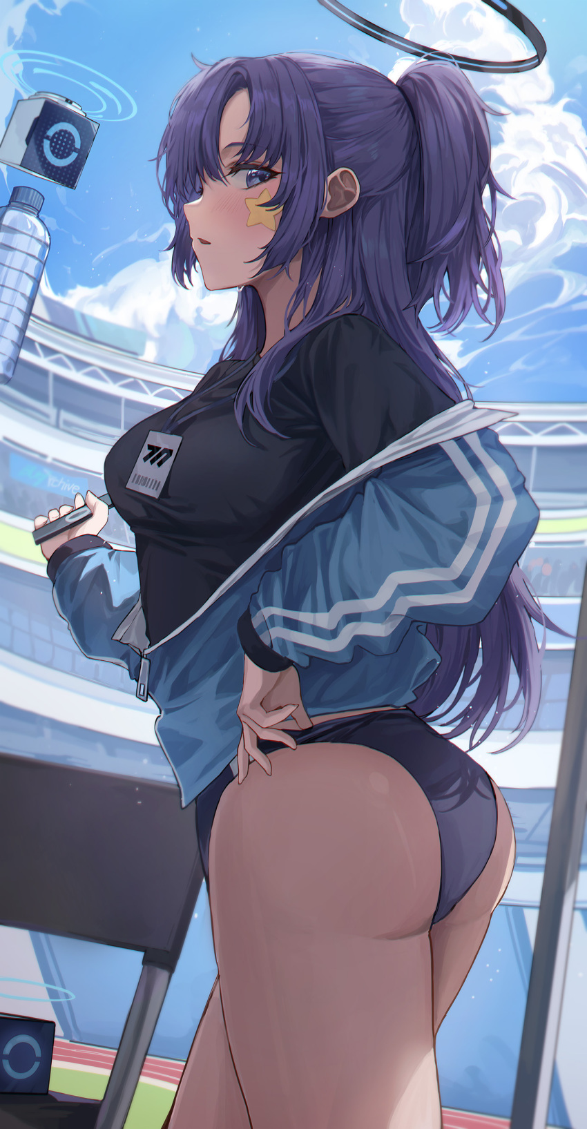 1girl 2gong_(9ujin_) absurdres adjusting_clothes ass bangs black_shirt blue_archive blue_buruma blue_jacket blue_sky blush bottle breasts buruma cloud commentary cowboy_shot day floating floating_object from_side gym_uniform halo hand_up highres holding id_card jacket lanyard long_hair long_sleeves looking_at_viewer medium_breasts official_alternate_costume outdoors parted_bangs parted_lips partially_unzipped plastic_bottle ponytail profile purple_eyes purple_hair shirt sidelocks sideways_glance sky solo stadium standing star_sticker sticker_on_face striped striped_jacket thighs track_jacket two_side_up water_bottle yuuka_(blue_archive) yuuka_(gym_uniform)_(blue_archive)