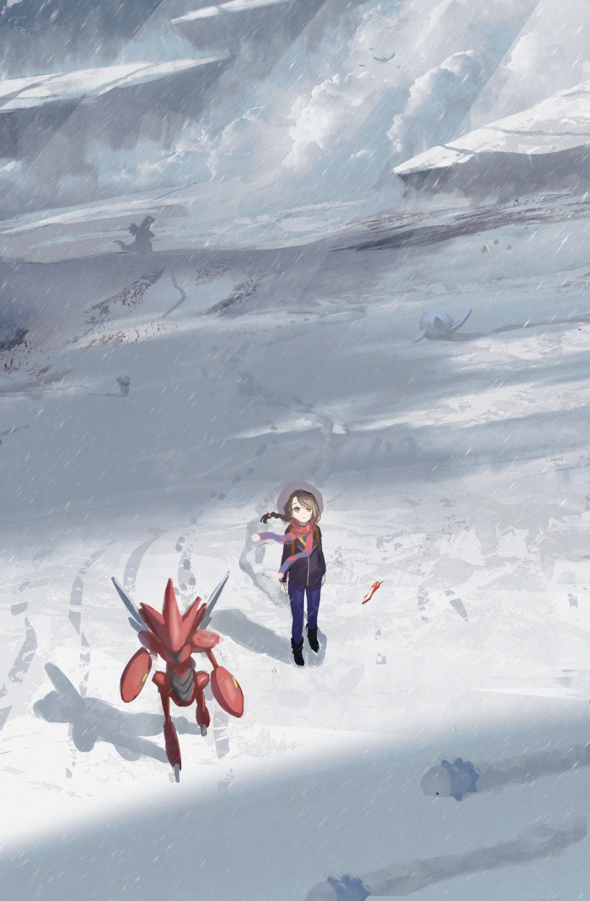 1girl absurdres asteroid_ill avalugg backpack bag baxcalibur braid brown_eyes brown_hair footprints hair_ornament hat highres ice jacket juliana_(pokemon) pokemon pokemon_(creature) pokemon_(game) pokemon_sv rotom rotom_phone scarf scizor shirt single_braid snom snorunt snow snowing wind