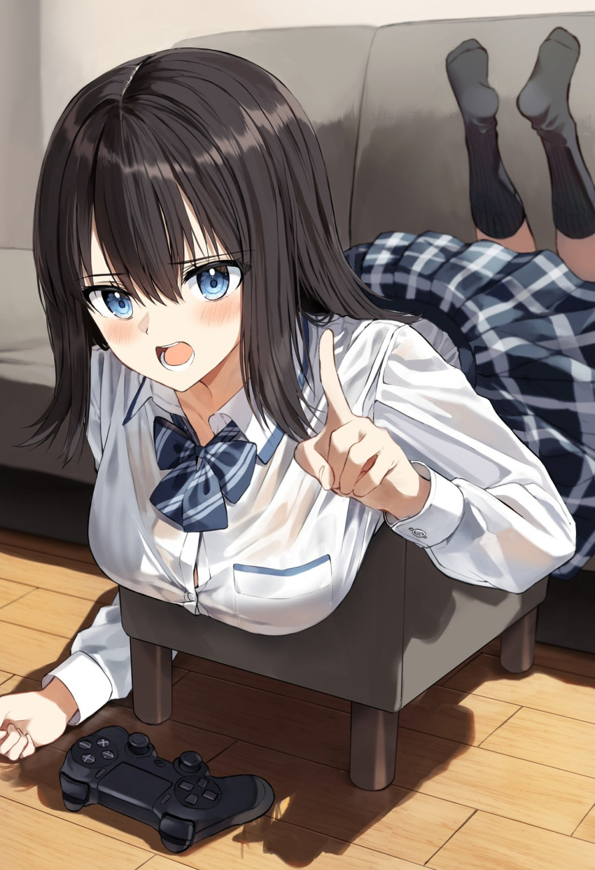 1girl bangs black_bow black_hair black_skirt black_socks blue_eyes blush bow breasts collared_shirt commentary_request controller couch diagonal-striped_bow dress_shirt footrest game_controller hair_between_eyes highres index_finger_raised indoors legs_up long_hair long_sleeves looking_at_viewer lying medium_breasts no_shoes on_couch on_stomach open_mouth original pentagon_(railgun_ky1206) playstation_controller pleated_skirt school_uniform shirt skirt socks soles solo white_shirt wooden_floor