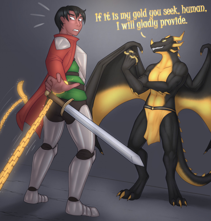 anthro black_hair clothed clothing colored daf dialogue dragon duo english_text hair hi_res human knight magic male mammal melee_weapon multicolored_body sword text two_tone_body warrior weapon