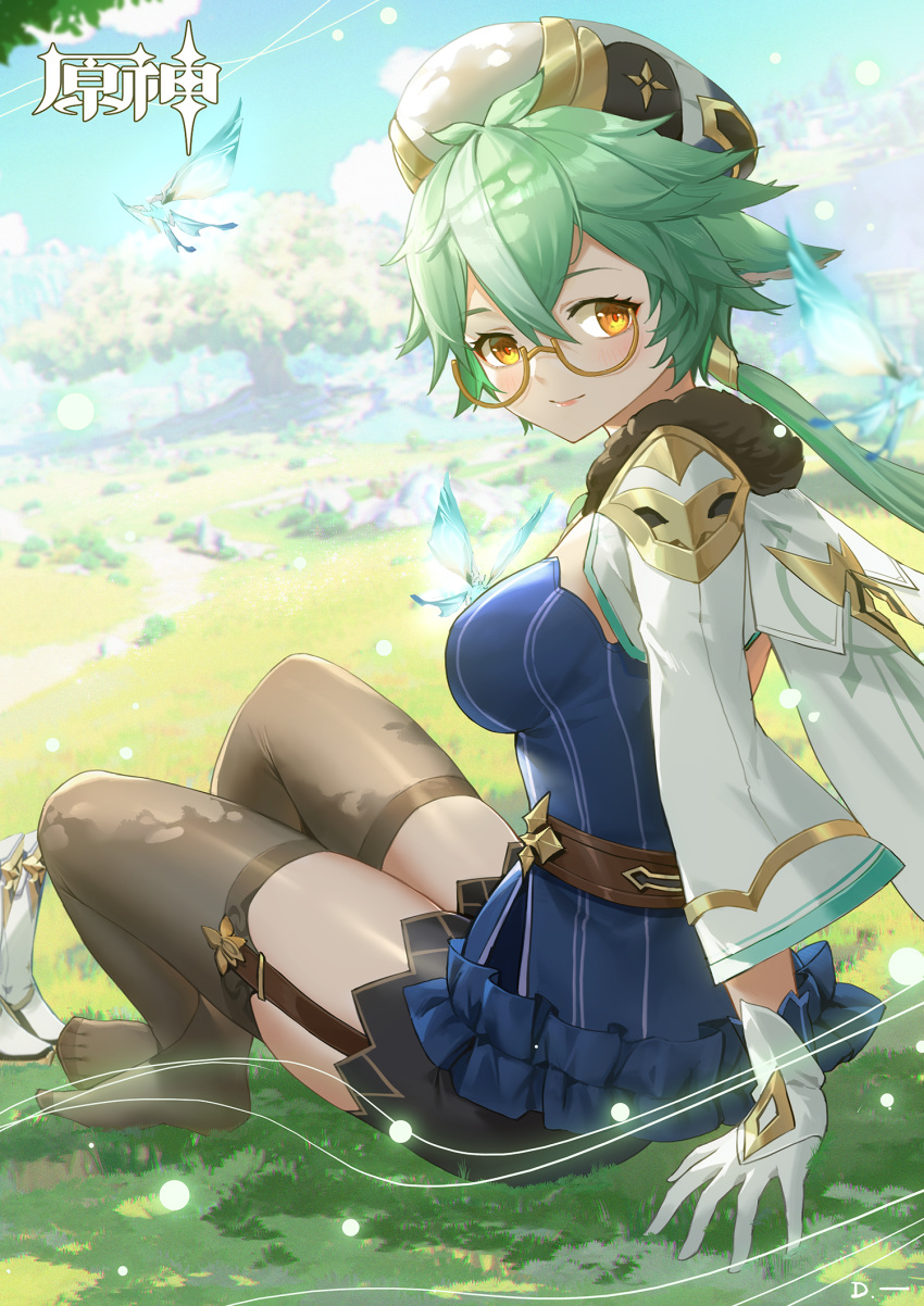 1girl bangs beret black_shorts blue_shirt blue_sky boots boots_removed cloud commentary_request crystalfly_(genshin_impact) day garter_straps genshin_impact glasses gloves grass green_hair grey_thighhighs hat highres linreplica long_hair long_sleeves looking_at_viewer outdoors shirt short_shorts shorts shrug_(clothing) sitting sky smile solo strapless strapless_shirt sucrose_(genshin_impact) thighhighs thighs tree white_footwear white_gloves white_headwear wide_sleeves yellow_eyes