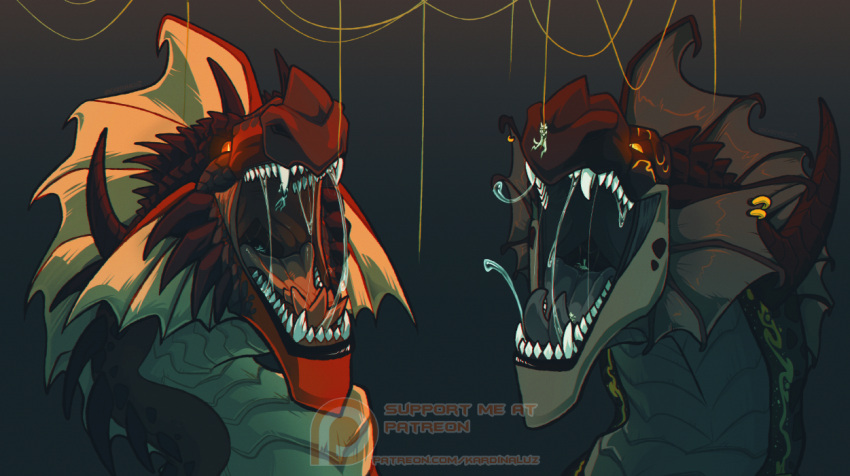ambiguous_gender anthro black_body bodily_fluids cheek_frill cheek_spikes dragon duo_focus facial_horn facial_spikes fangs feral frill_(anatomy) frill_ring front_view glowing glowing_eyes grey_body grey_frill grey_scales grey_tongue group head_crest head_frill horn imminent_oral_vore imminent_vore in_mouth kardinaluz nose_horn open_mouth oral_vore patreon patreon_logo red_body red_tongue saliva saliva_string scales scalie shadowwolfhunter sharp_teeth simple_background size_difference spikes spikes_(anatomy) tan_body tan_frill tan_scales teeth text tongue url vore white_body