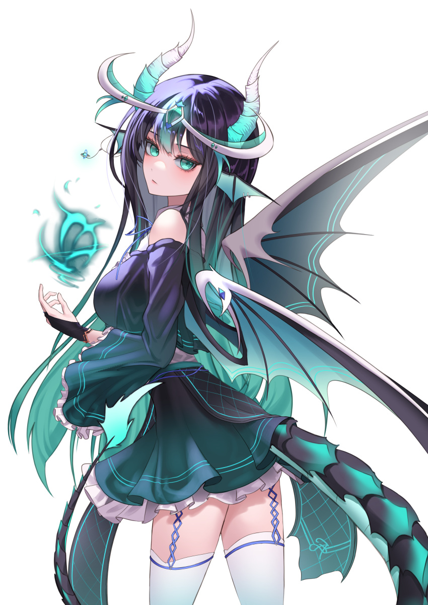 1girl absurdres aqua_eyes black_dress black_gloves black_hair cowboy_shot detached_sleeves dragon_girl dragon_horns dragon_tail dress fingerless_gloves gloves gradient_hair head_wings highres horns long_hair long_sleeves looking_at_viewer magic multicolored_hair original simple_background solo tail thighhighs thighs white_background white_thighhighs yoonsol zettai_ryouiki