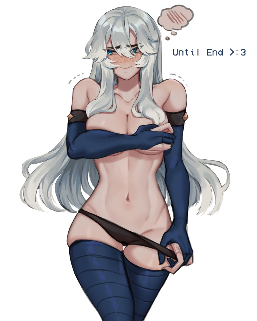 1girl absurdres ashe_(league_of_legends) bangs bare_shoulders black_panties blue_gloves blue_thighhighs blush breasts cookie3w3 cowboy_shot elbow_gloves fingerless_gloves gloves grey_hair groin highres large_breasts league_of_legends long_hair meme navel panties shiny shiny_hair simple_background solo spoken_blush thighhighs trembling twitter_strip_game_(meme) underwear undressing white_background