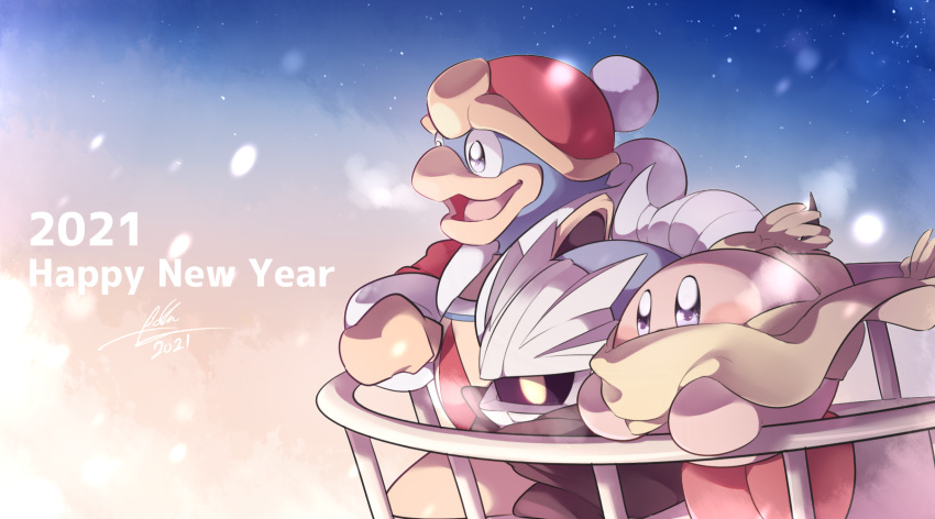 2021 armor baku_(baku325) beak blue_eyes blush blush_stickers coat commentary_request dated eyes_in_shadow full_body fur-trimmed_coat fur_trim gloves happy_new_year hat highres king_dedede kirby kirby_(series) lens_flare long_sleeves mask meta_knight mixed-language_commentary new_year no_humans open_mouth pom_pom_(clothes) red_coat red_footwear red_headwear scarf shoes shoulder_armor signature smile standing yellow_eyes yellow_gloves yellow_scarf