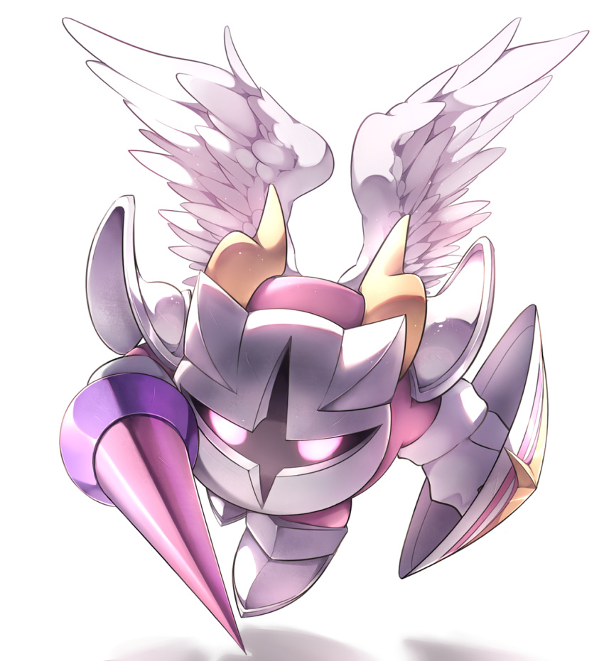 angel_wings armor baku_(baku325) boots commentary_request eyes_in_shadow feathered_wings full_body galacta_knight gloves glowing glowing_eyes highres holding holding_polearm holding_shield holding_weapon kirby_(series) lance looking_at_viewer mask no_humans polearm purple_eyes shadow shield shoulder_armor simple_background weapon white_background white_gloves white_wings wings